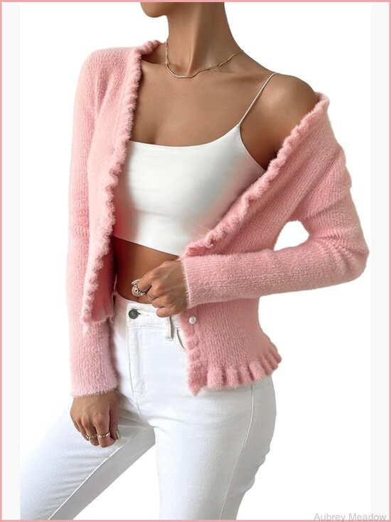 Sweaters - Ruffle Button Cardigan Knitted Cropped V-Neck Long Sleeve Front Open Top
